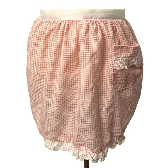 Handmade Other - Vtg Handmade Half Apron Lace Red White Diner Pocket Ribbon Bow Cottagecore Chic